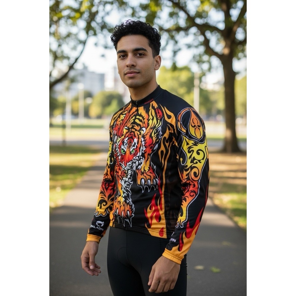 New Paladin Tiger Cycling Jersey Long Sleeve Full Zip Double Sided Flames XXXL